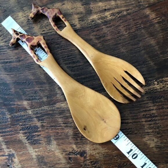 Giraffe Wooden Serving Utensils Hand Carved - Picture 4 of 9